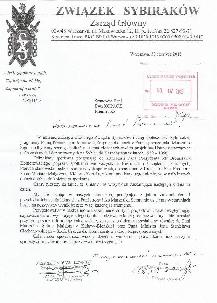 Pismo do premier Ewy Kopacz
