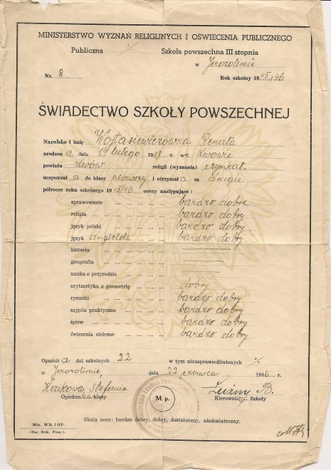 Świadectwo Szkoły Powszechnej w Jerozolimie Renaty Iwanowskiej