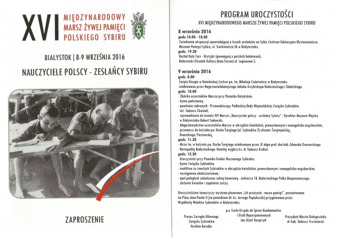 Program XVI Marszu Żywej Pamięci Polskiego Sybiru